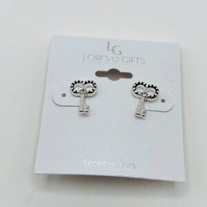 Lori’s Gifts Silver Key Stud Earrings Rhinestone Detail Hypoallergenic NWT
